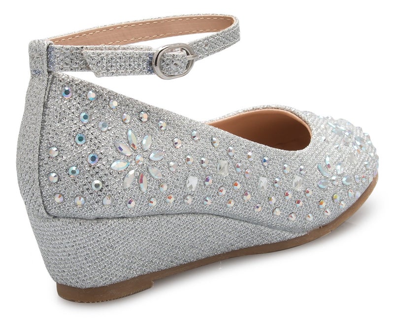 Olivia K Girl's Low Wedge Heel Ankle Strap Sparkly Rhinestone Shoes (Toddler/Little Girl), Silver 3 - Image 3